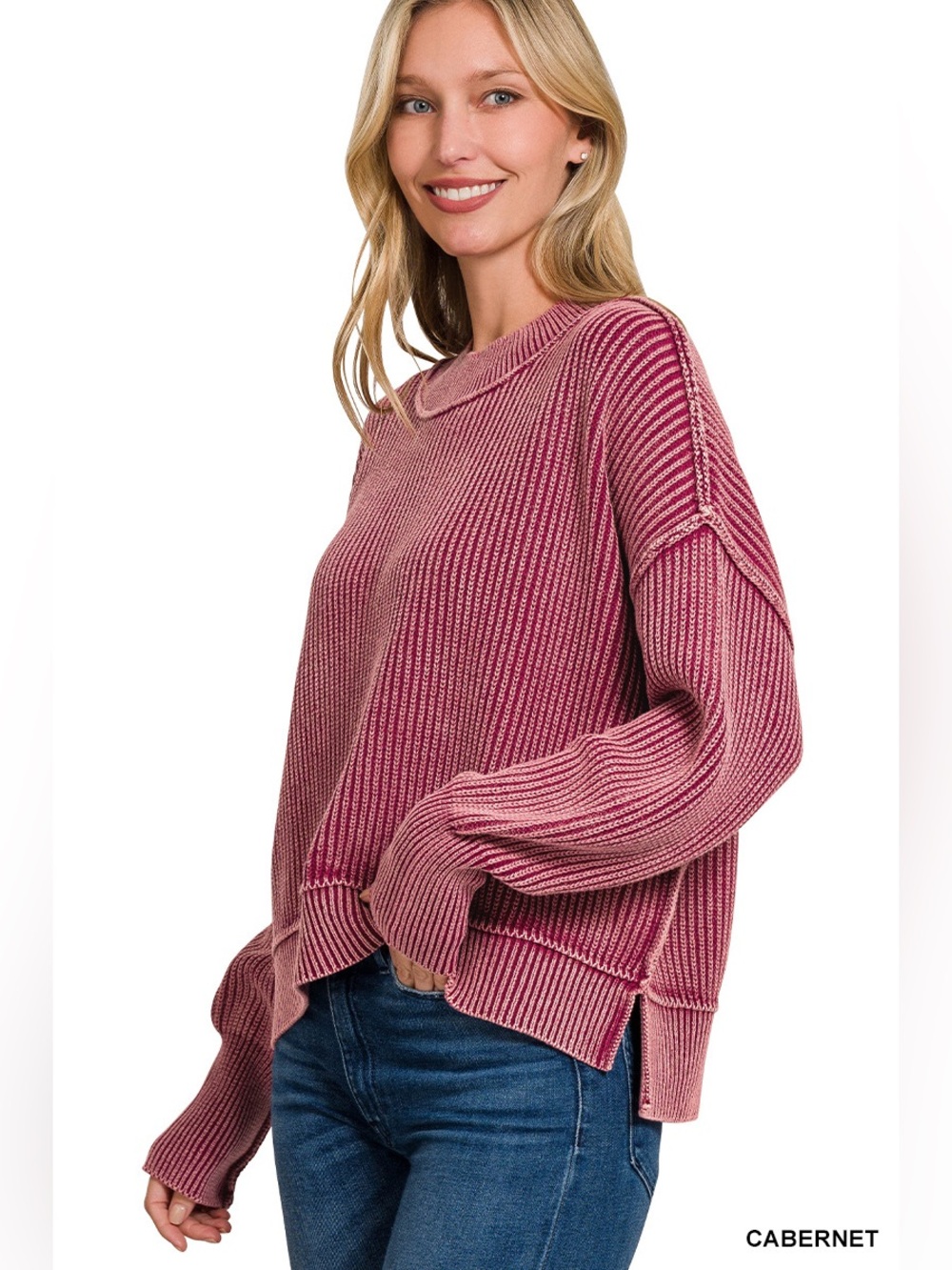 Zenana Cabernet Washed Side Slit Oversized Cropped Sweater